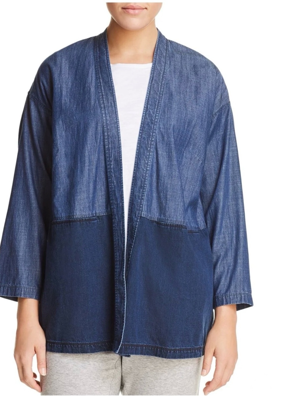 $258 EILEEN FISHER Open Kimono Jacket M Tencel Colorblock Midnight Denim - Picture 4 of 13